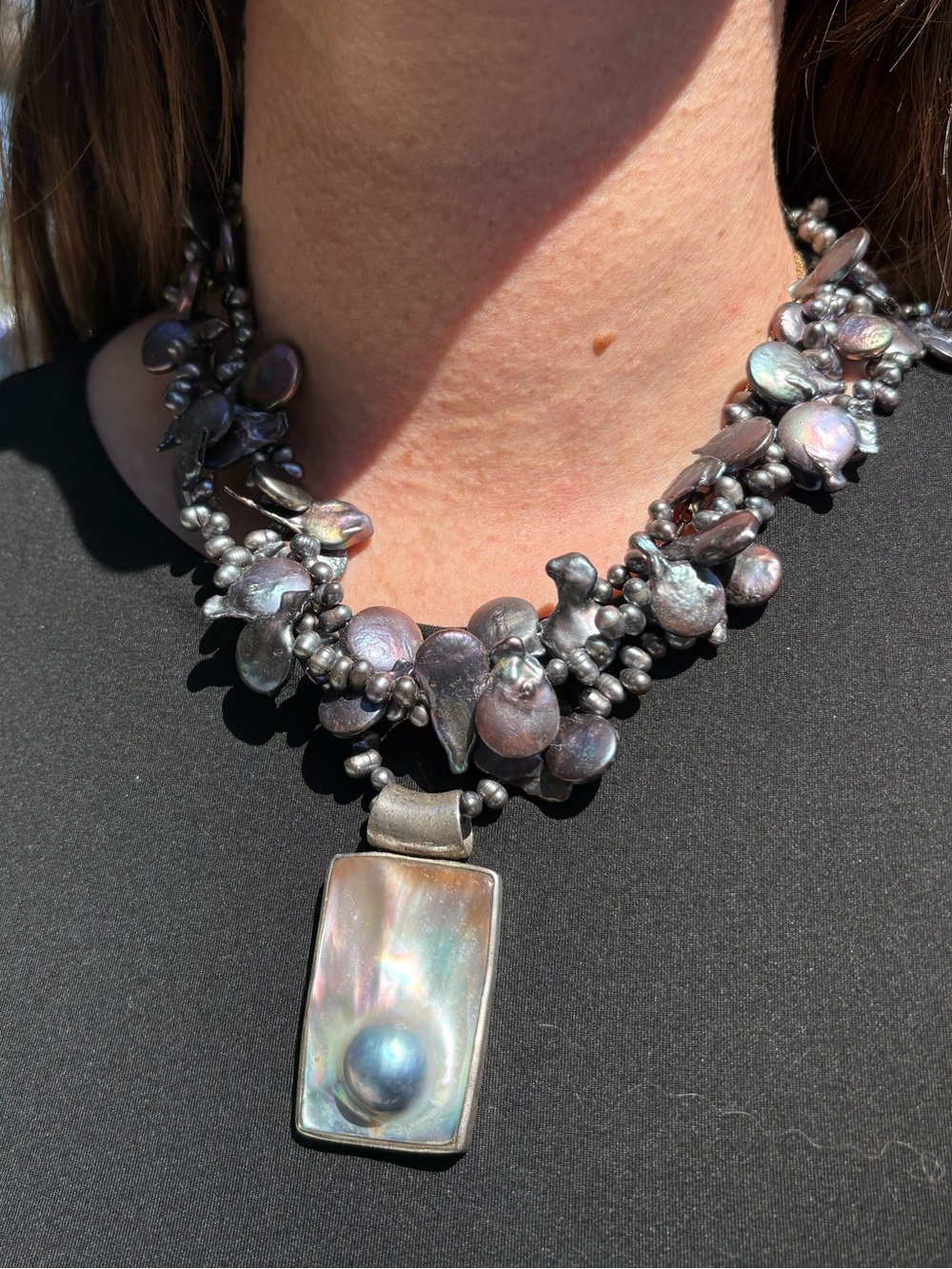 Iridescent Multi-Strand Fresh Water Pearl & Pendant Necklace